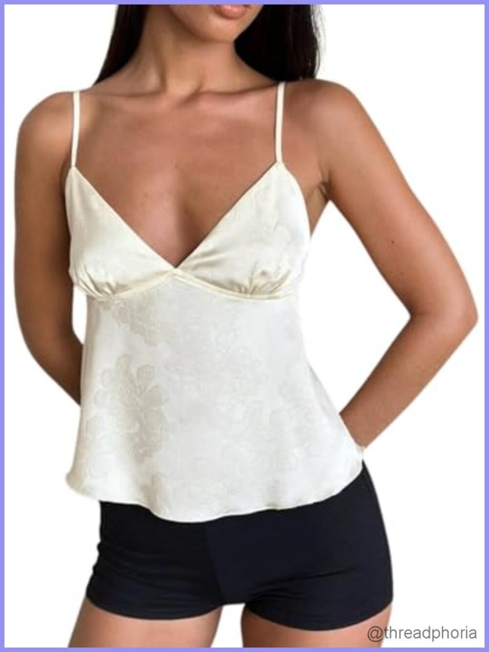 Satin Jacquard Floral V Neck Spaghetti Strap Crop Cami Babydoll Tank Top